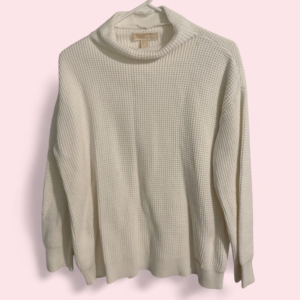 Michael Kors Sweater Women XL White Waffle Knit Mock Neck Pullover